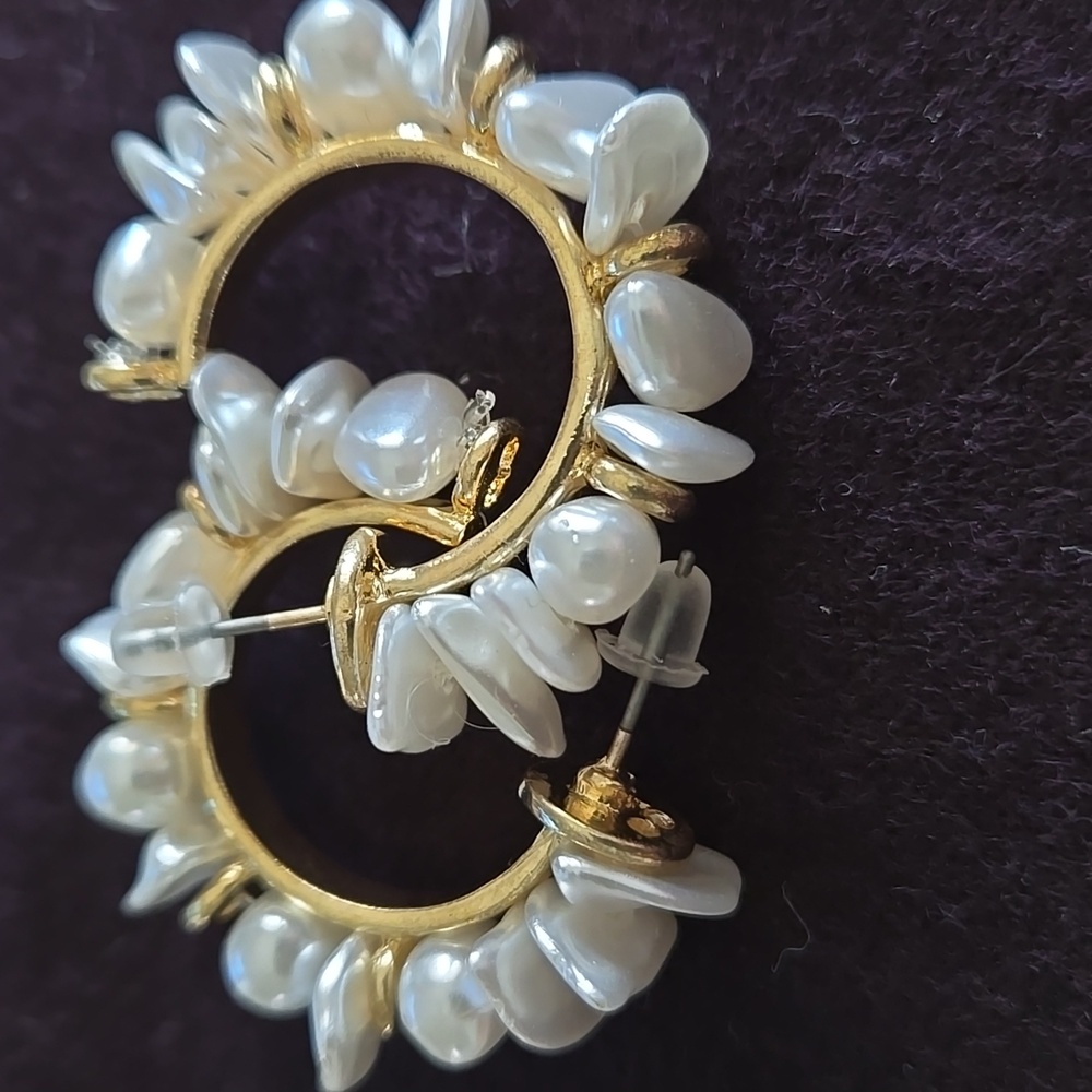 Gold and Pearls Threaded Hoop Earrings With Fancy Pearl Adorned. About 1"